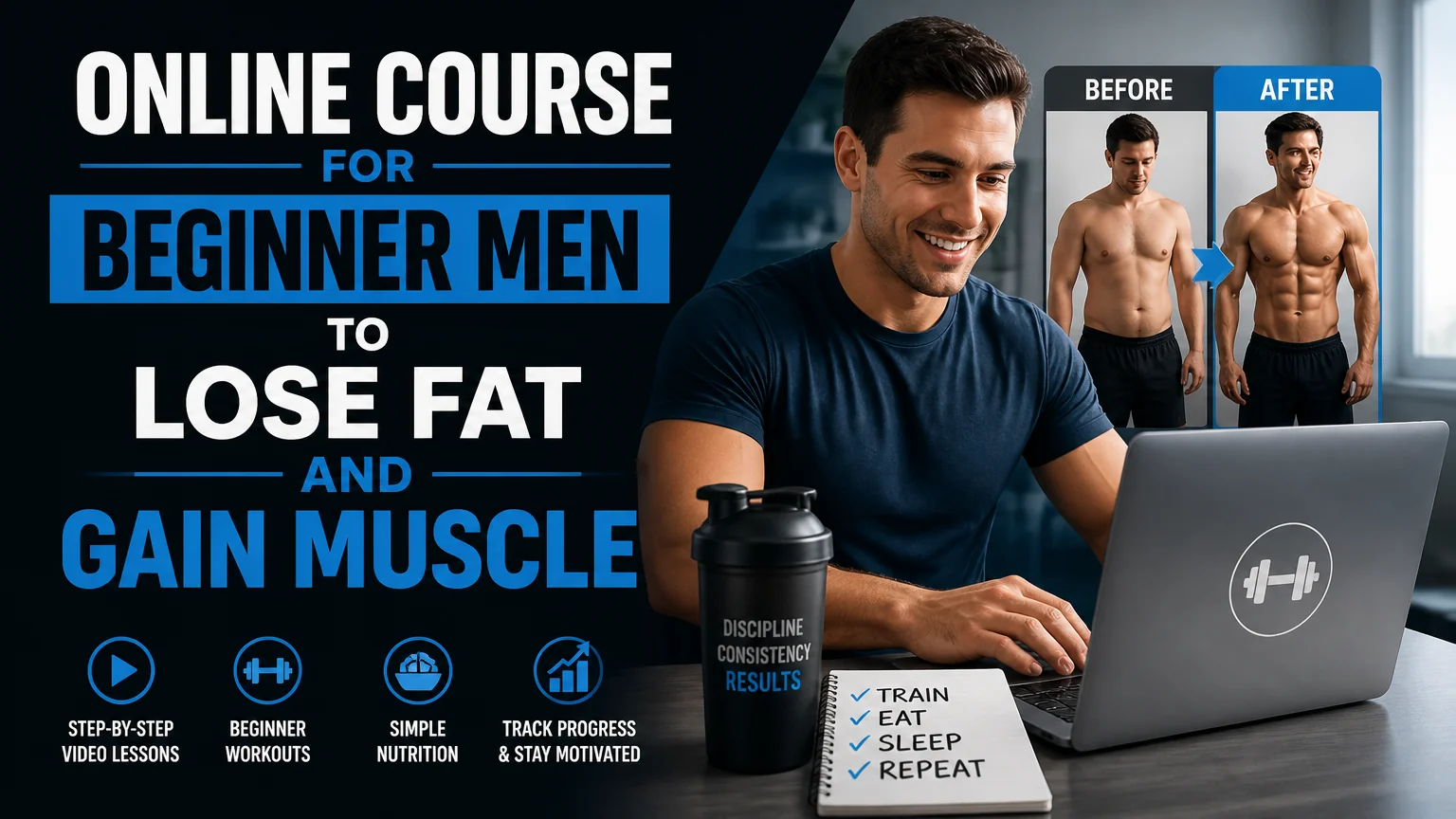 Online course for beginner men to lose fat and gain muscle